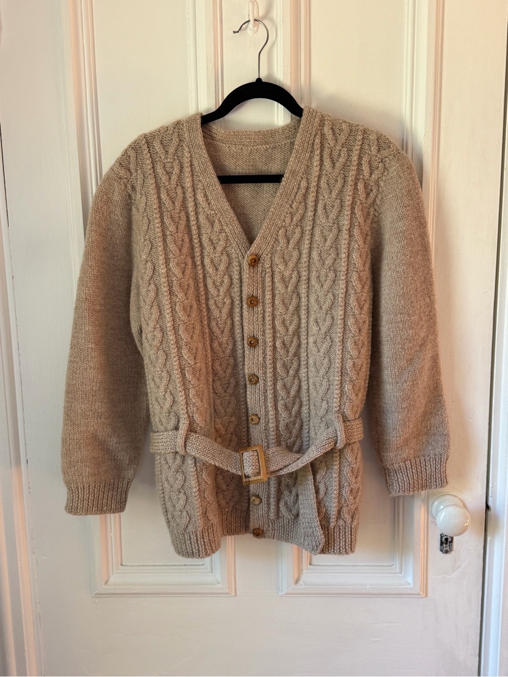 Women’s Hand Knit Wool Beige Cable Knit V Neck Cardigan with Belt No Size Tag